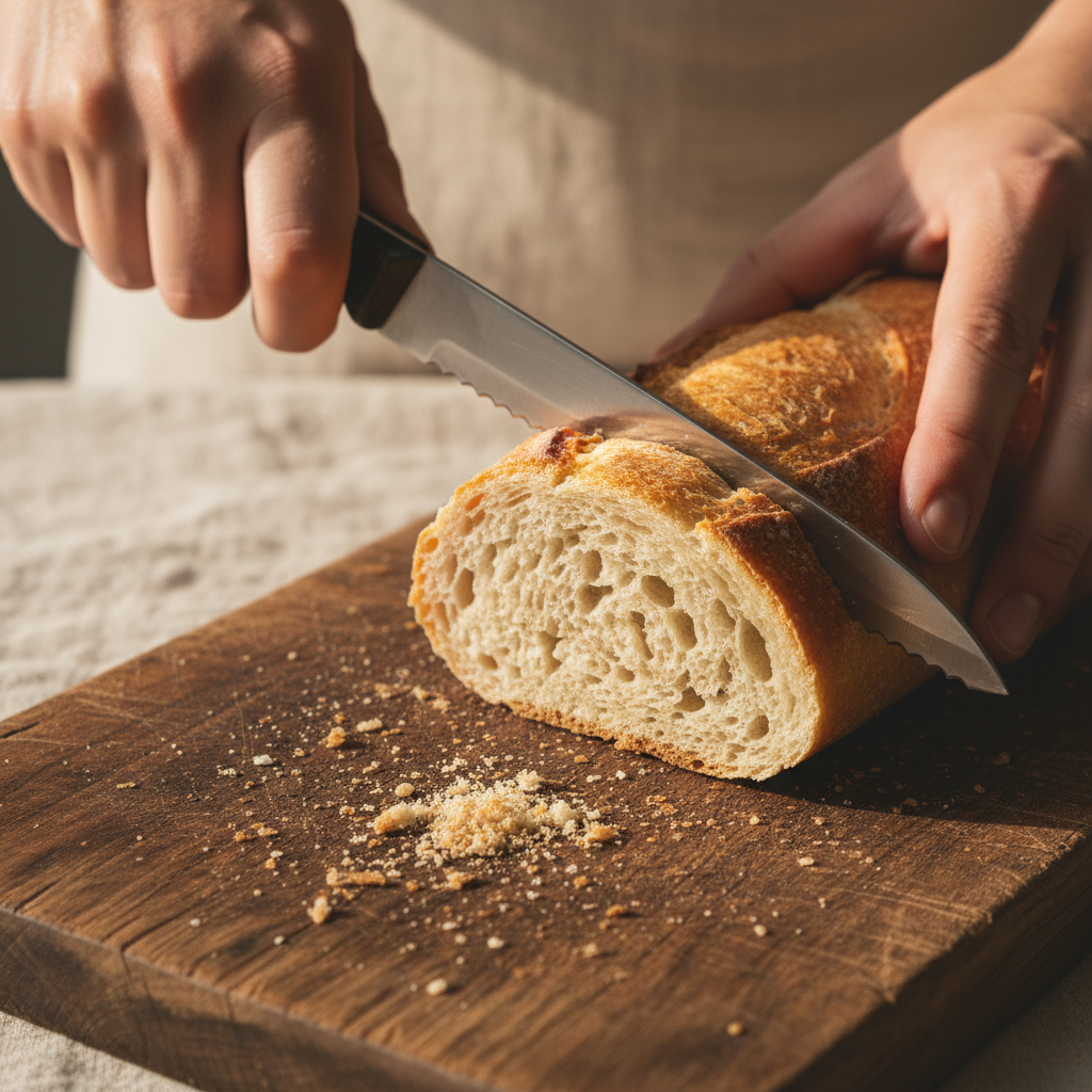 crispy baguette being sliced on a wooden board, crumbs visible