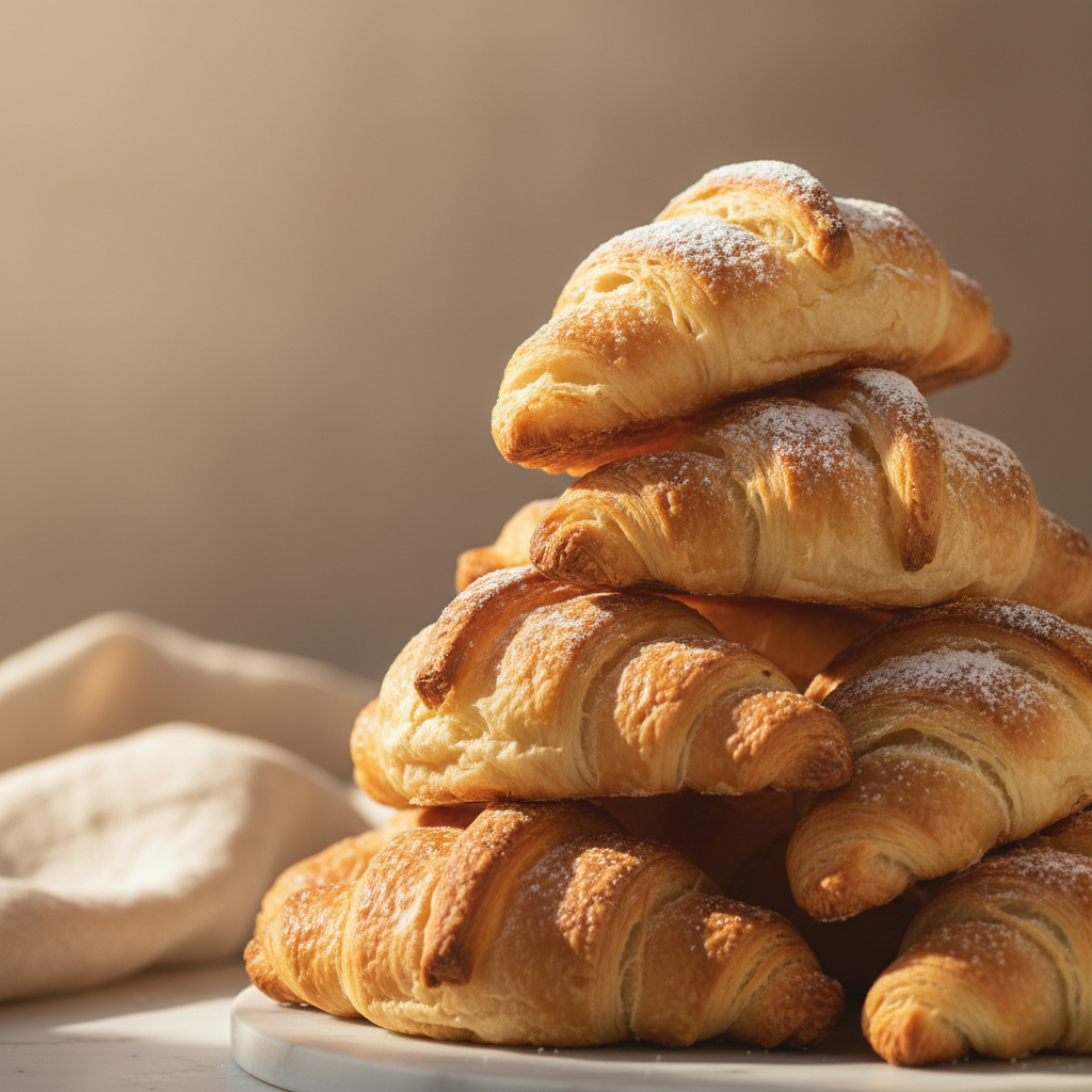 stack of golden flaky croissants with morning light