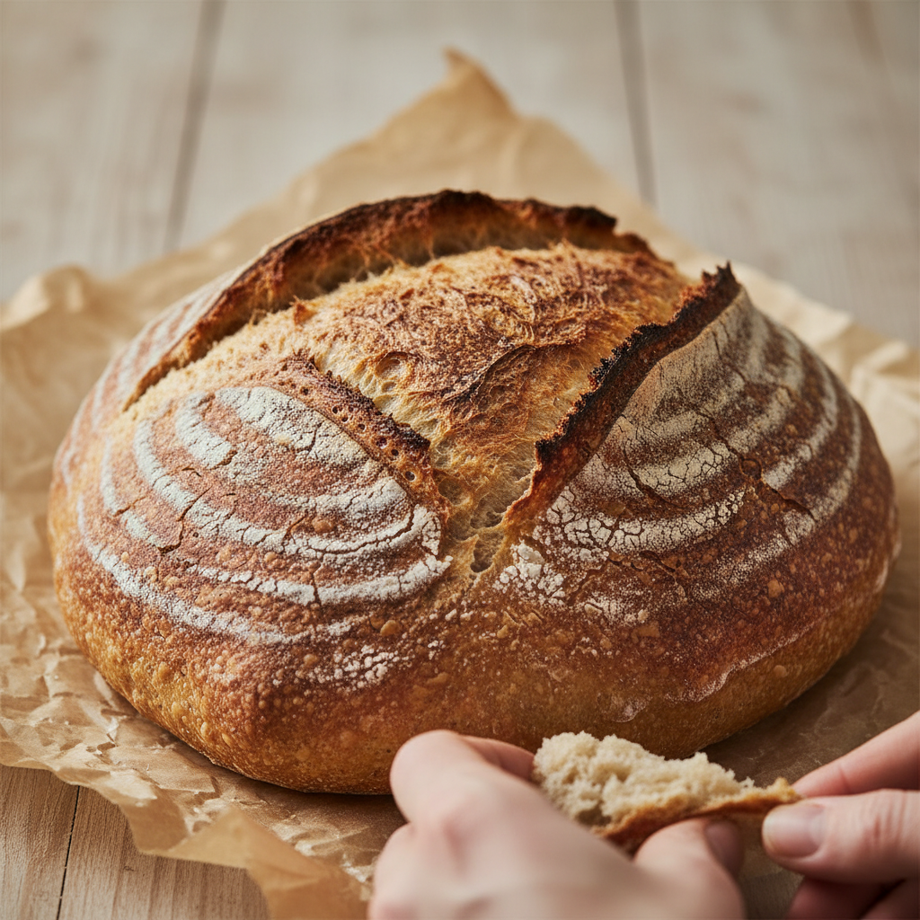 rustic artisan sourdough loaf, crusty top, on parchment paper