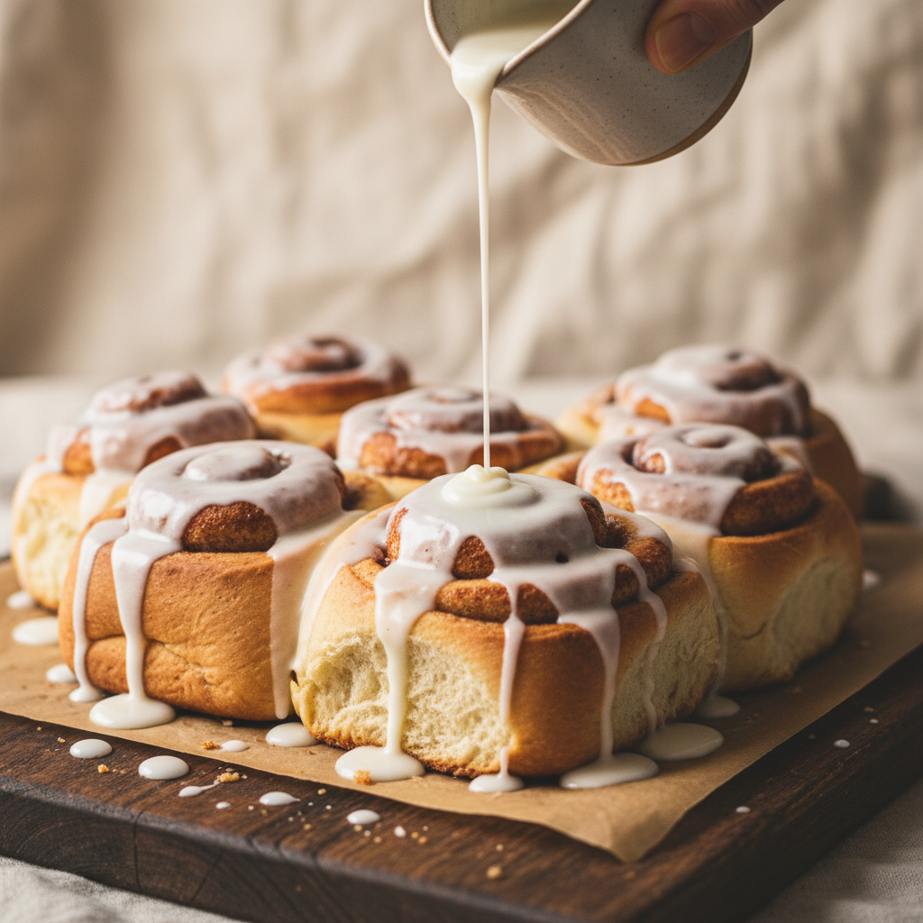 freshly baked cinnamon rolls drizzled with white icing