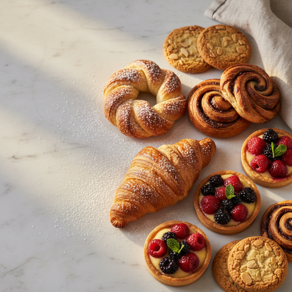 assortment of pastries arranged in a display, top-down view
